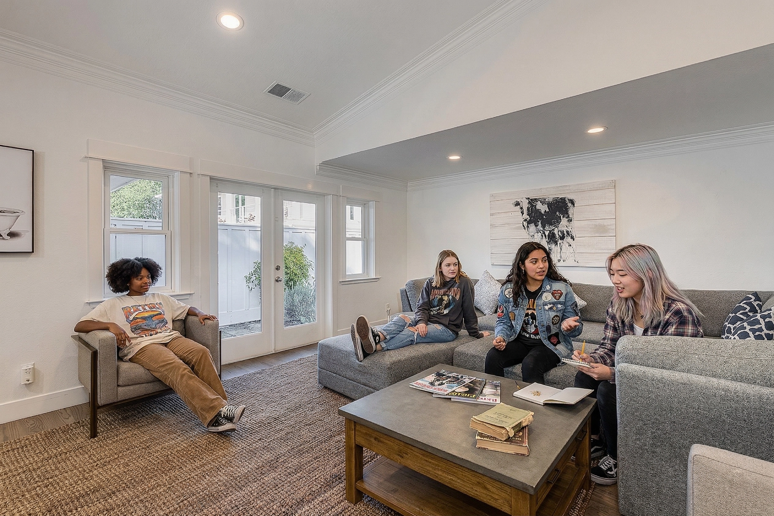 Four teenage girls talk and relax together on a gray sectional sofa in a bright, modern residential common room.