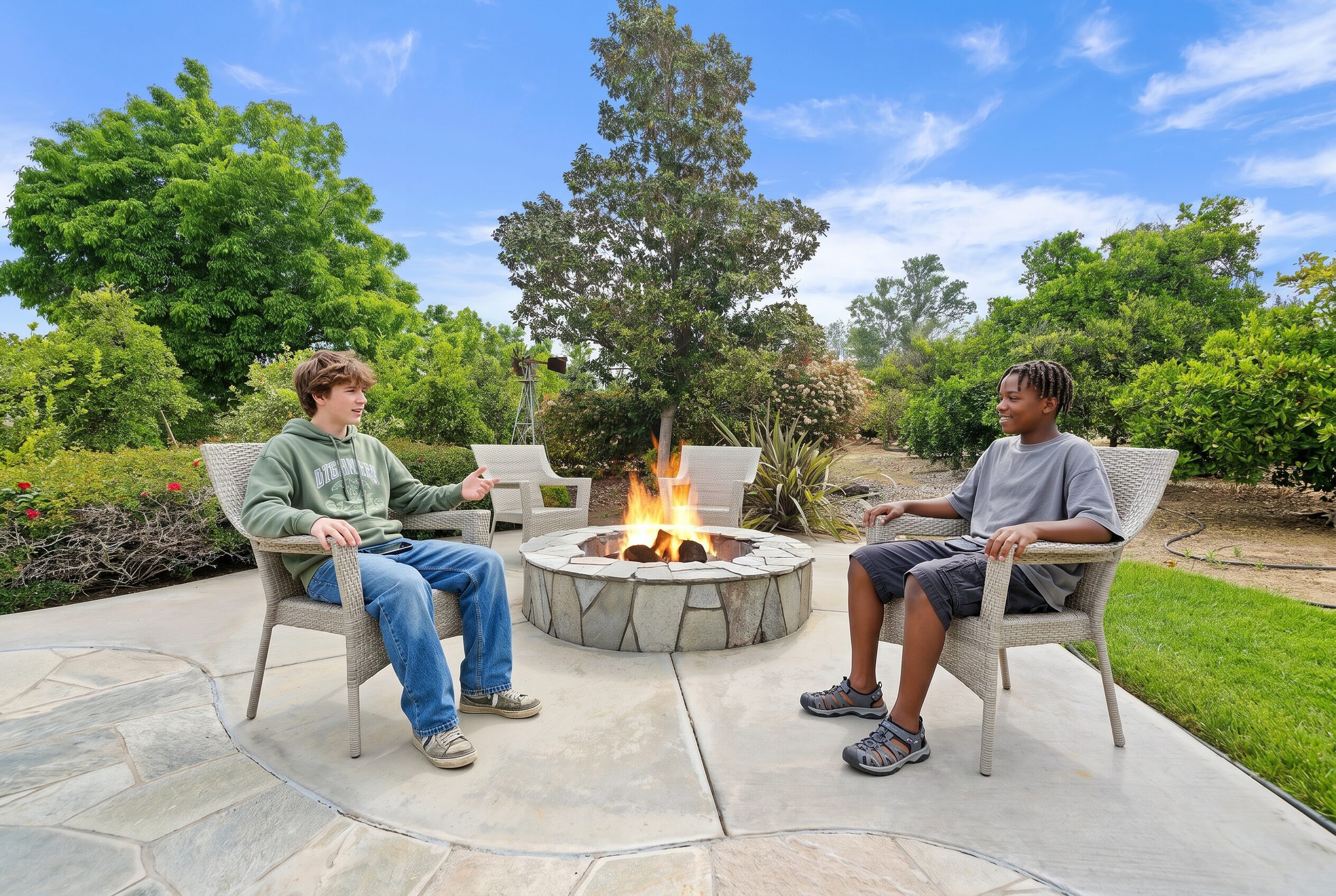 Two teenage boys sit in chairs by a stone fire pit outdoors, engaging in a supportive conversation under a clear blue sky.