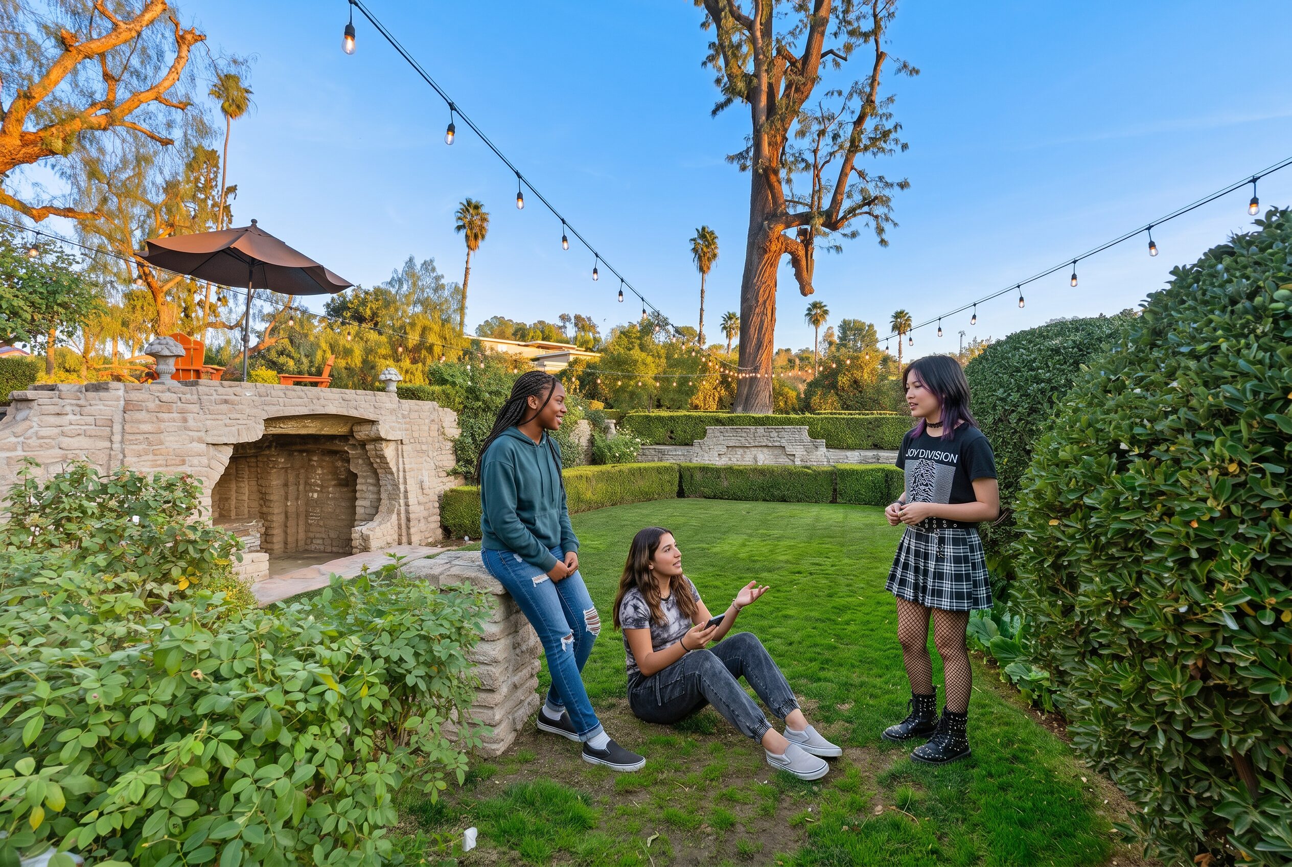 Three teenage girls talk and relax on a lush green lawn near a stone structure under a clear blue evening sky.