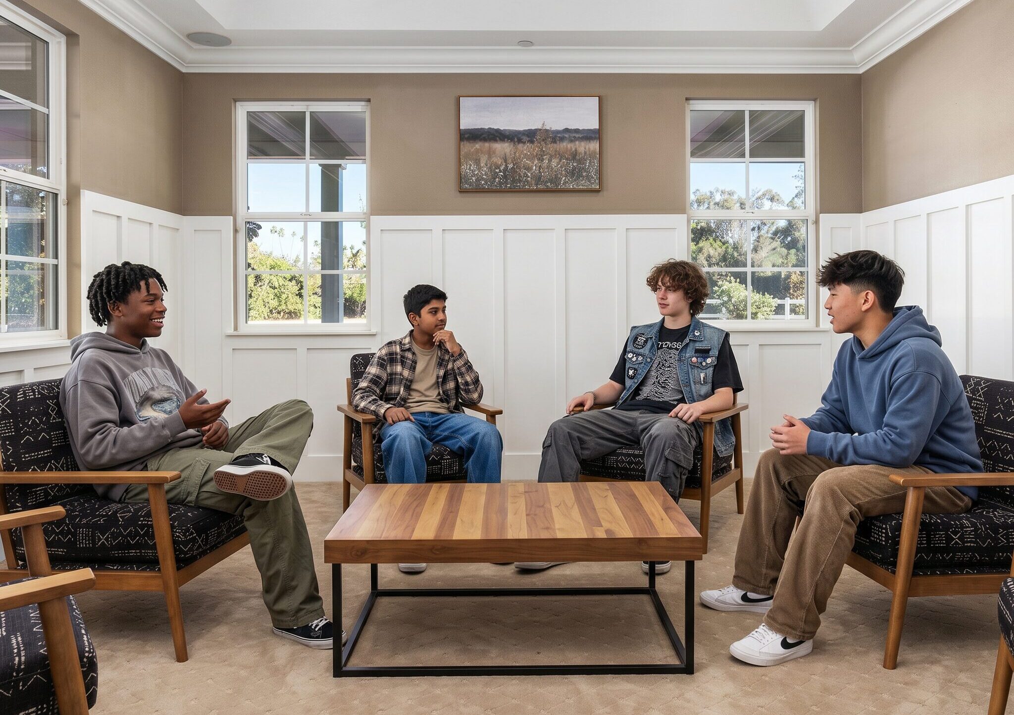Four teenage boys sit in a modern, sunlit residential lounge, sharing stories and building community during recovery.