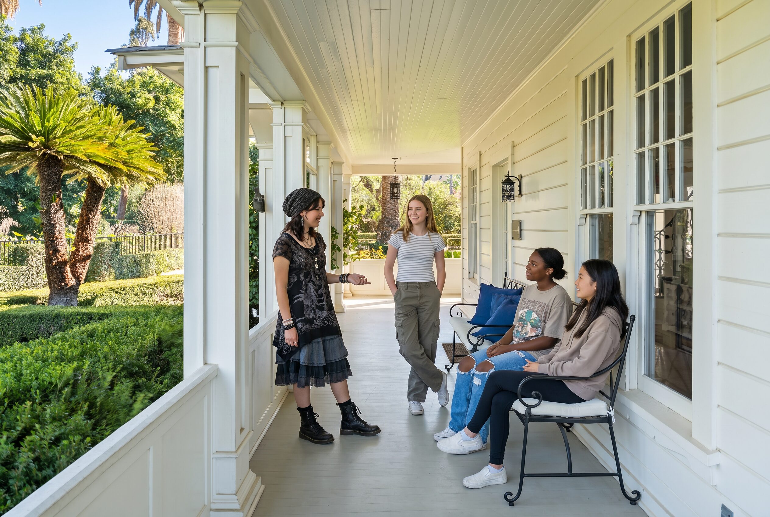 Four teenage girls socialize on a long, white Southern-style porch overlooking a lush, tropical garden.
