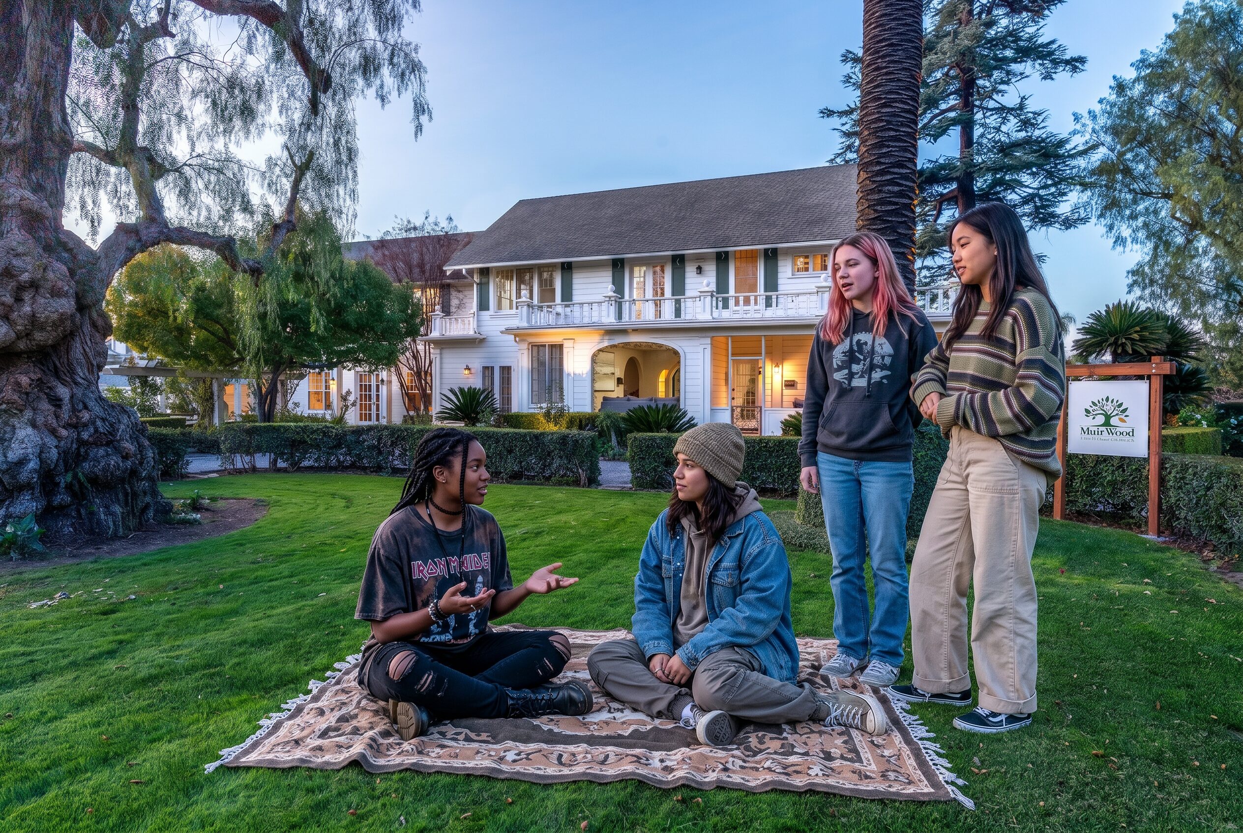 A group of teen girls connects on a blanket on the lawn of a beautiful residential campus during sunset.