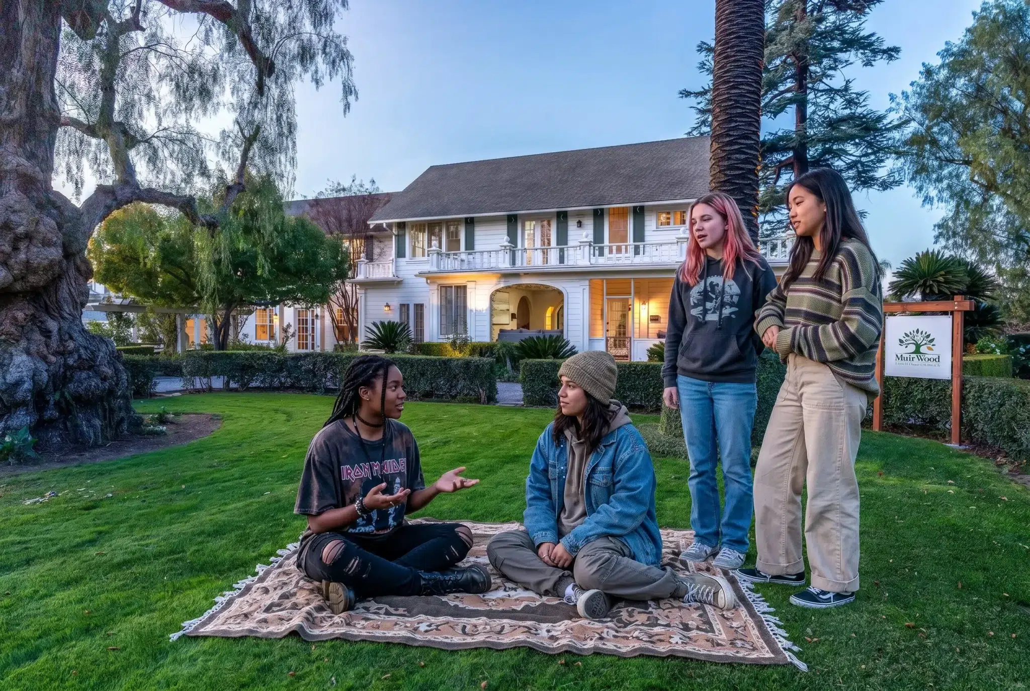 Four teenage girls talk while sitting on a patterned rug on a green lawn outside a large white residential campus house.