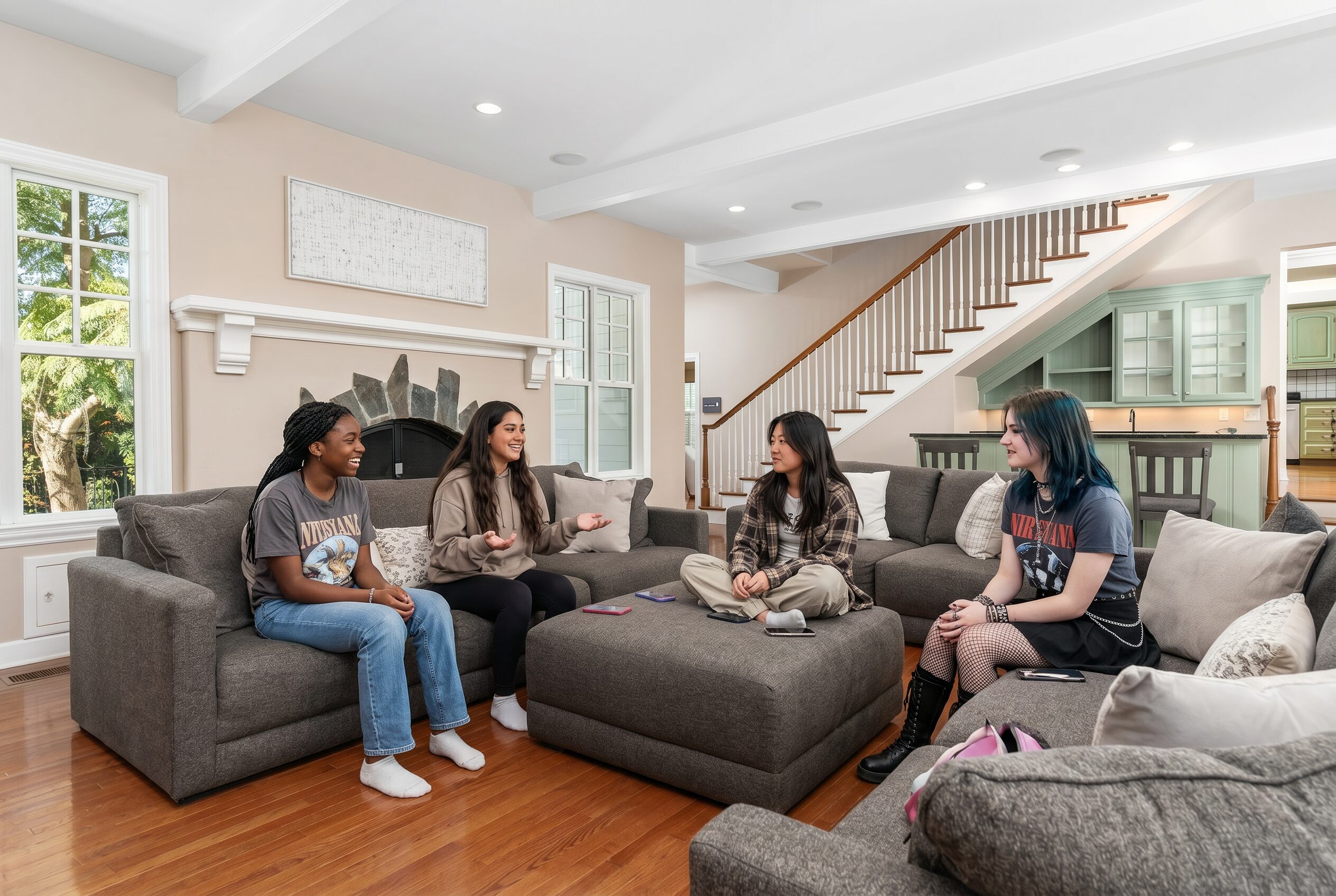 Four teenage girls sit on a large sectional sofa in a modern, sunlit residential lounge, engaging in conversation.
