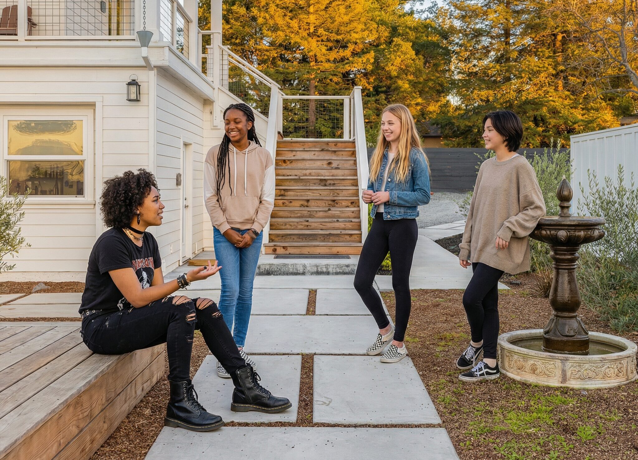Four teenage girls stand outside a white residential building with a water fountain, engaging in peer socialization.