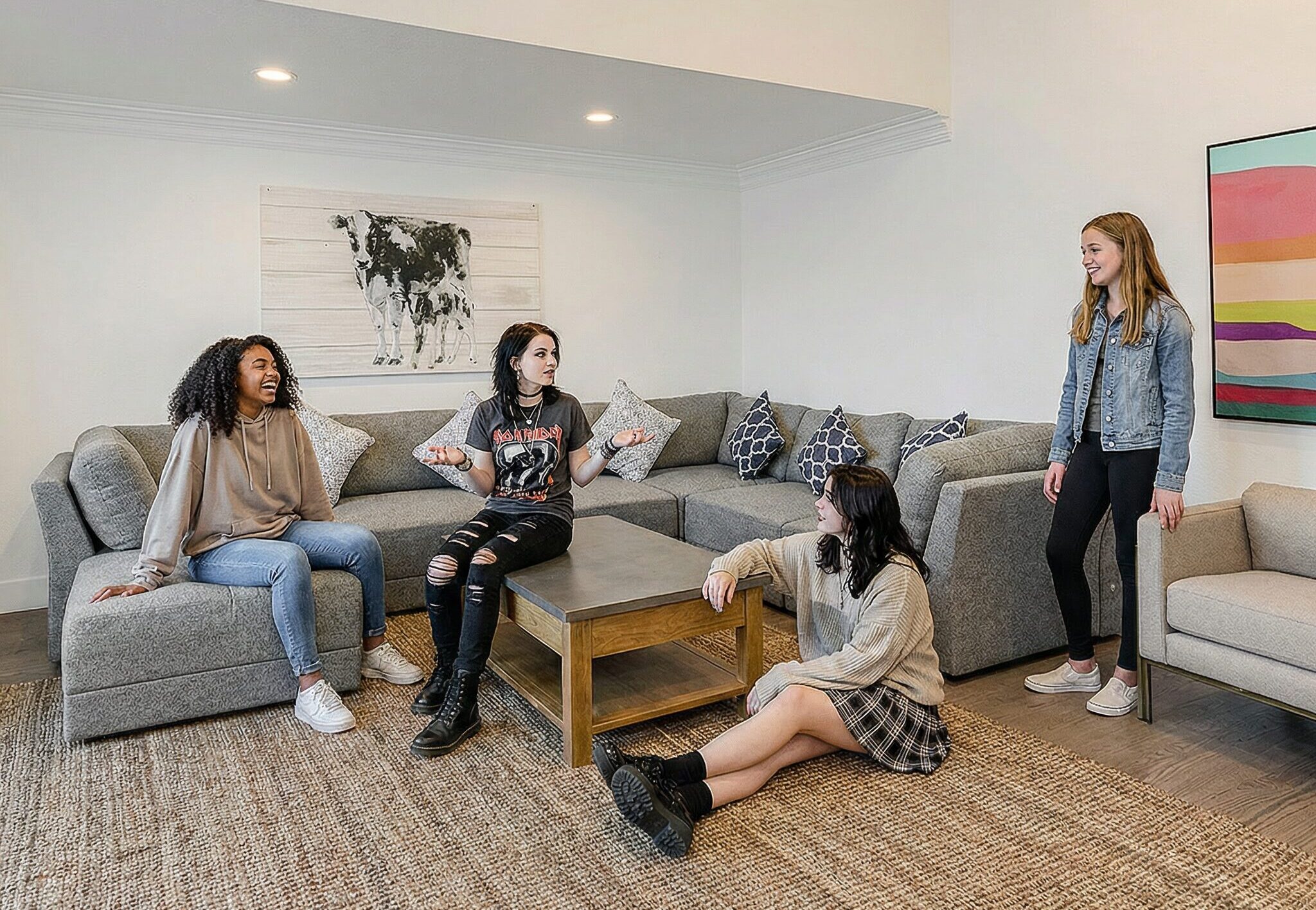 Four teenage girls talk and laugh together in a comfortable residential common room with a large gray sectional sofa.