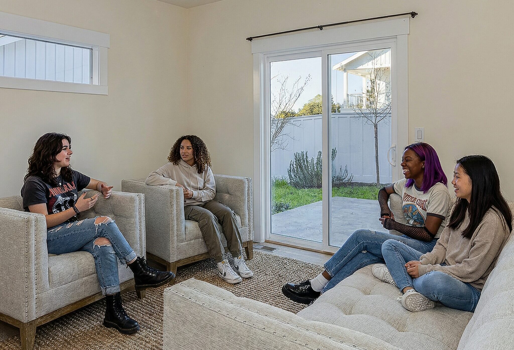 Four teenage girls sitting on comfortable cream-colored couches while talking together in a bright common room.