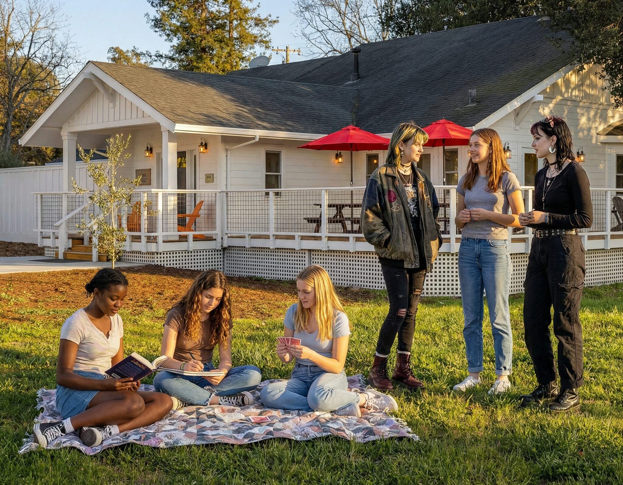 A group of teenage girls socialize on a lawn outside a white residential farmhouse, reading and playing cards.