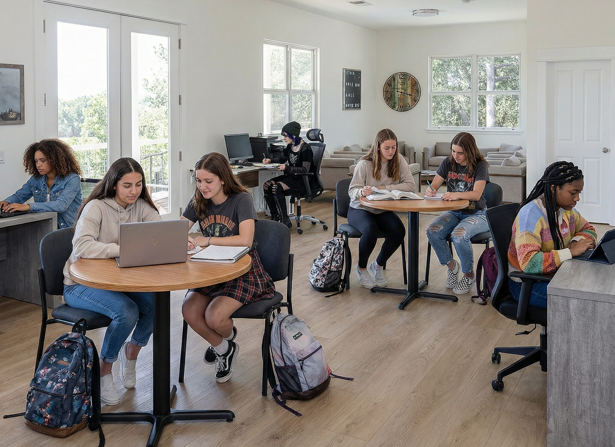 Six teenage girls study at desks and tables in a bright, modern academic center at a residential treatment facility.