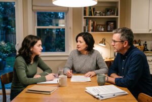 A family sits at a kitchen table reviewing treatment program documents and taking notes together.
