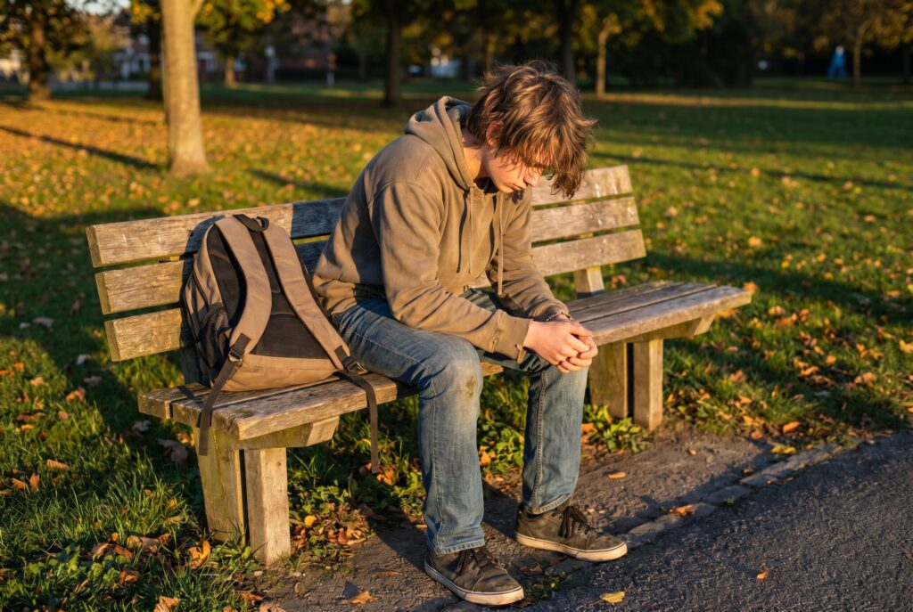 A teenager sits alone outdoors in late afternoon light, representing the emotional weight some teens carry during summer.